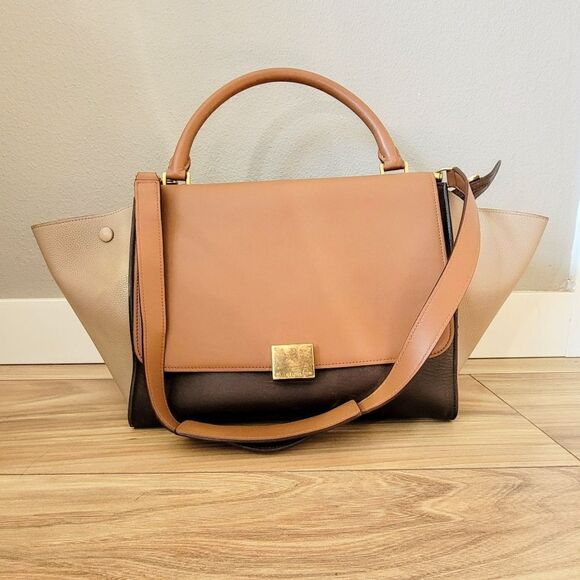 Celene Tricolor Medium Trapeze Luggage Satchel in Cognac Brown Tan - Picture 4 of 16